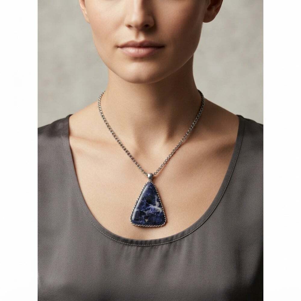VTG Sodalite Double-Sided Triangle Pendant Necklace Open Back Boho Artisan 2.25"